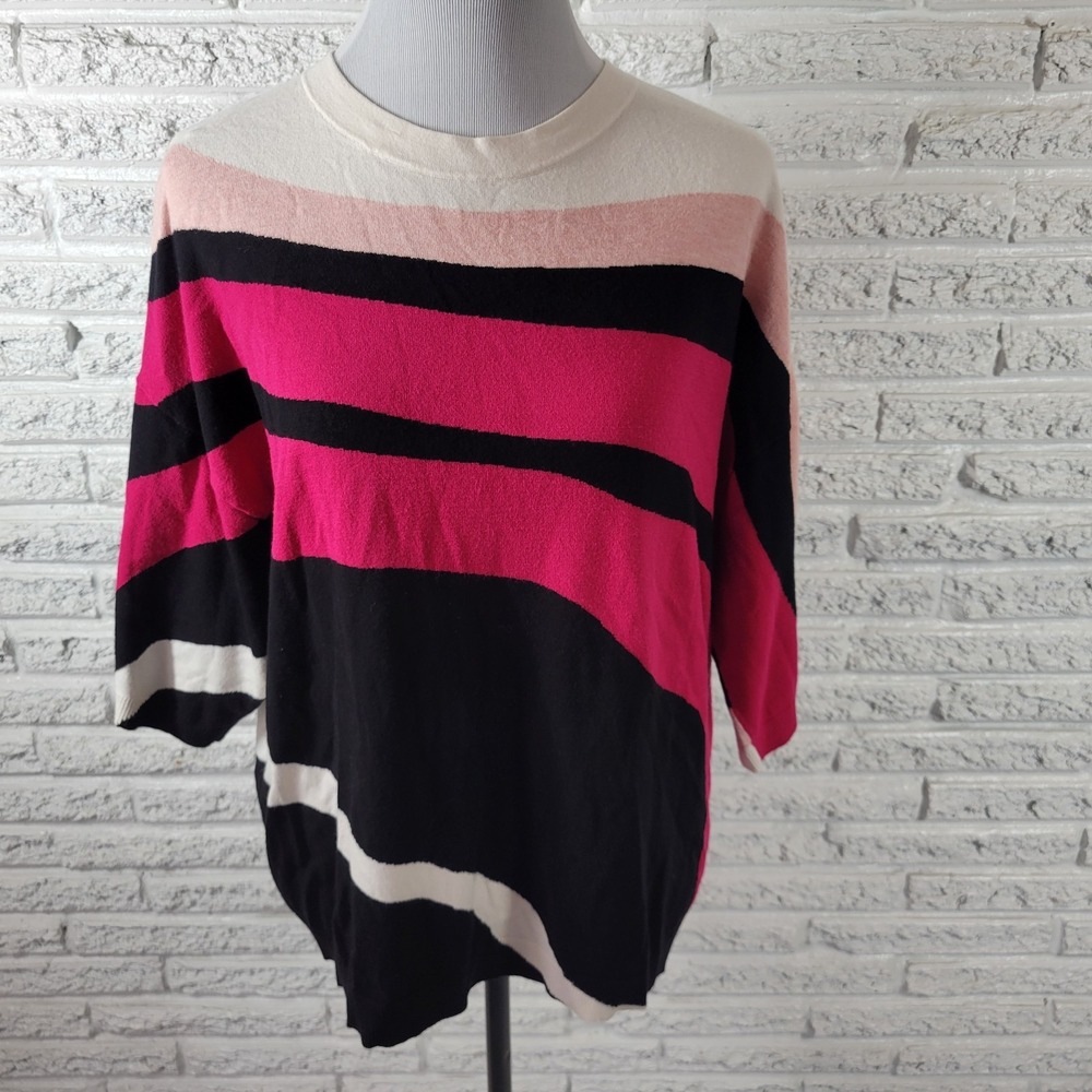 Chicos XL Pink Striped Pullover Sweater 3/4 Sleeve Tight Knit Crewneck Tops
